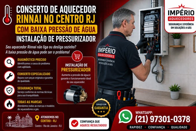 Aquecedor Rinnai com baixa pressão no Centro RJ