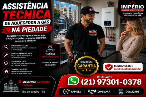 Técnico realizando assistência técnica em aquecedor a gás residencial na Piedade RJ